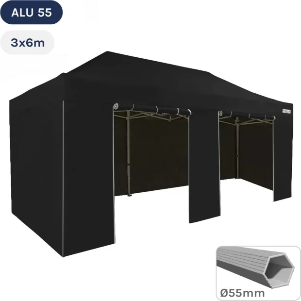 Tente Pliante Alu 55 3mx6m NOIR en Polyester avec Pack Côtés