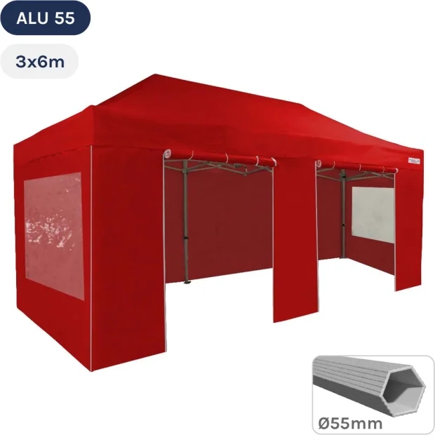 Tente Pliante Alu 55 3mx6m ROUGE en Polyester avec Pack Fenêtres