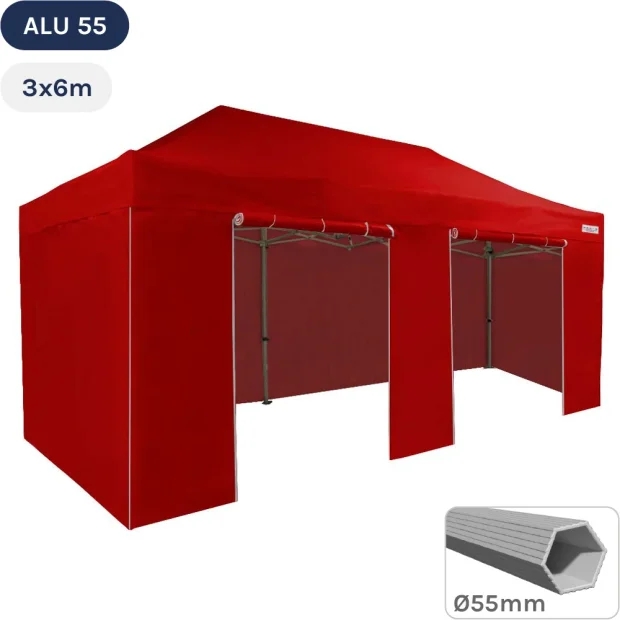 Tente Pliante Alu 55 3mx6m ROUGE en Polyester avec Pack Côtés