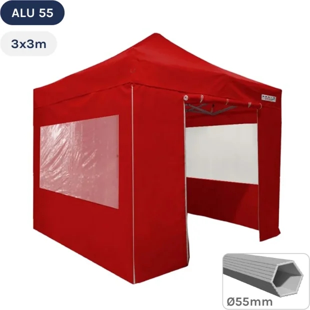 Tente pliante Alu 55 3mx3m ROUGE + Toit 320gr/m² et Fenêtres 300gr/m²