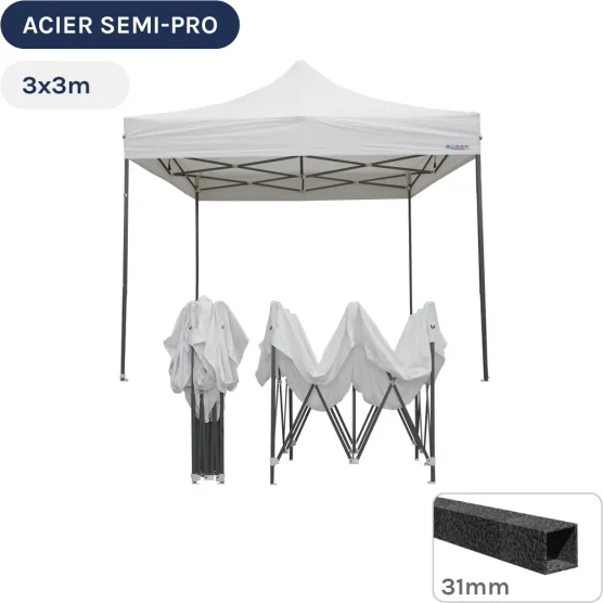 Barnum pliant - Tonnelle Acier Semi Pro 3mx3m BLANC