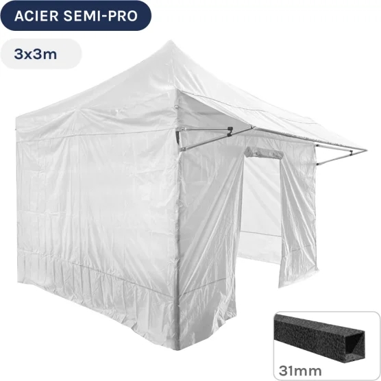 Barnum pliant - Tonnelle Acier Semi Pro 3mx3m BLANC avec Pack 4 Côtés et Casquette amovible