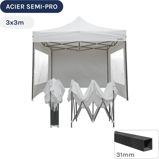 Barnum pliant - Tonnelle Acier Semi Pro 3mx3m BLANC avec Pack Fenêtres