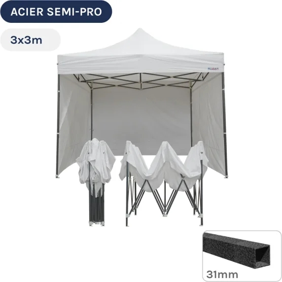 Barnum pliant - Tonnelle Acier Semi Pro 3mx3m BLANC avec Pack 4 Côtés