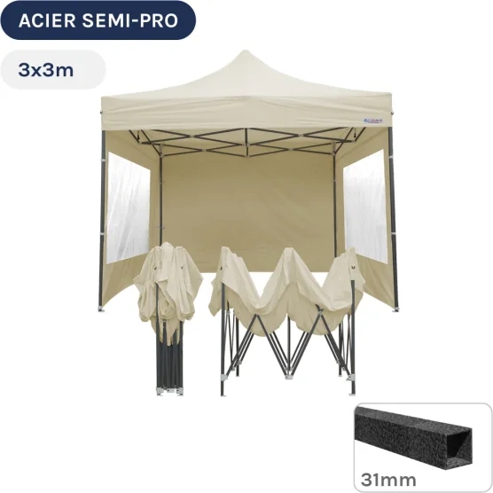 Barnum pliant - Tonnelle Acier Semi Pro 3mx3m BEIGE avec Pack Fenêtres