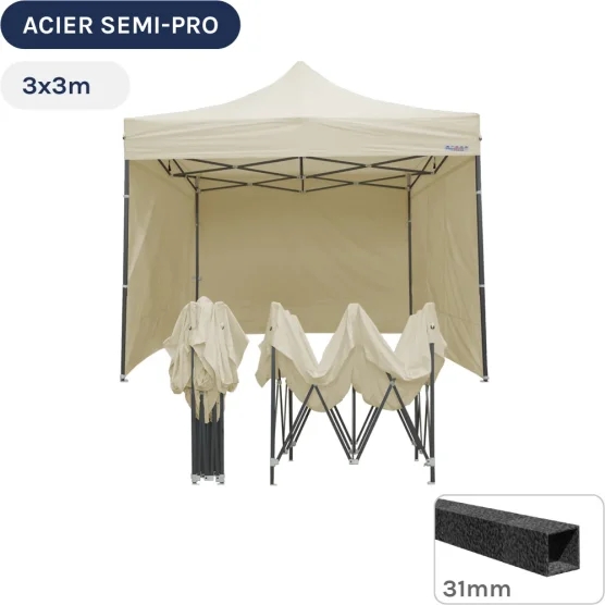 Barnum pliant - Tonnelle Acier Semi Pro 3mx3m BEIGE avec Pack 4 Côtés