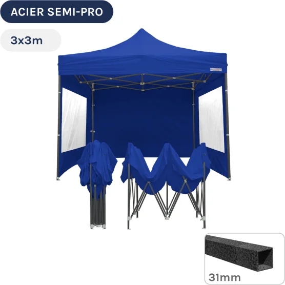 Barnum pliant - Tonnelle Acier Semi Pro 3mx3m BLEU avec Pack Fenêtres