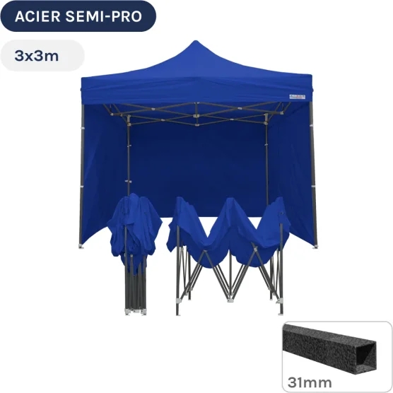 Barnum pliant - Tonnelle Acier Semi Pro 3mx3m BLEU avec Pack 4 Côtés