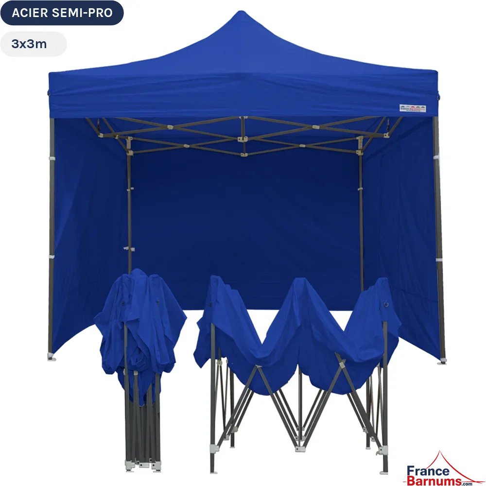 Tente Pliante Tonnelle Acier Semi Pro 3mx3m BLEU avec Pack 4 Côtés