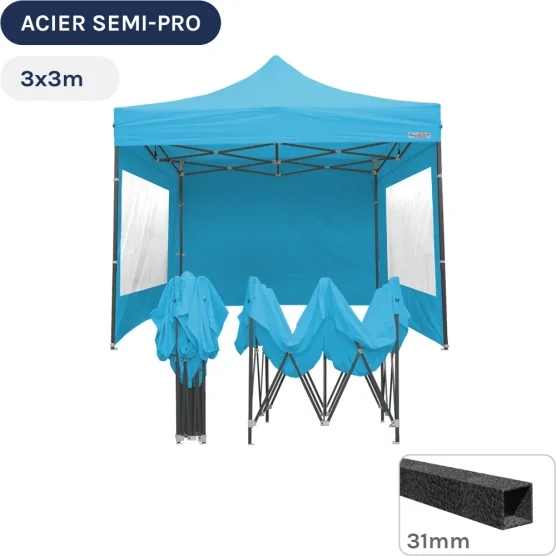 Barnum pliant - Tonnelle Acier Semi Pro 3mx3m BLEU AZUR avec Pack Fenêtres