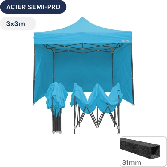 Barnum pliant - Tonnelle Acier Semi Pro 3mx3m BLEU AZUR avec Pack 4 Côtés