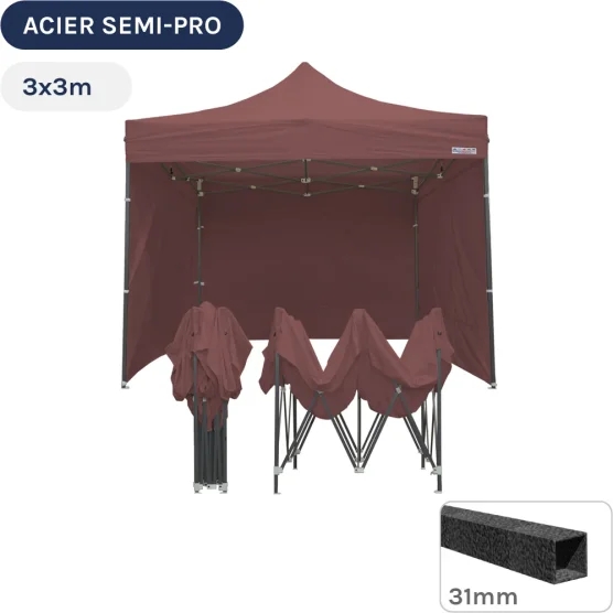 Barnum pliant - Tonnelle Acier Semi Pro 3mx3m BRUN CACAO avec Pack 4 Côtés