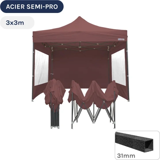 Barnum pliant - Tonnelle Acier Semi Pro 3mx3m BRUN CACAO avec Pack Fenêtres