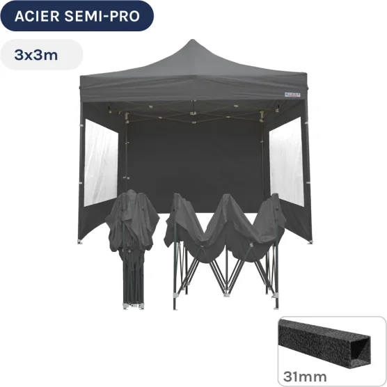 Barnum pliant - Tonnelle Acier Semi Pro 3mx3m GRIS avec Pack Fenêtres