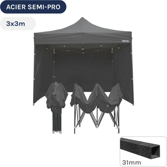 Barnum pliant - Tonnelle Acier Semi Pro 3mx3m GRIS avec Pack 4 Côtés