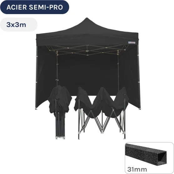 Barnum pliant - Tonnelle Acier Semi Pro 3mx3m NOIR avec Pack 4 Côtés