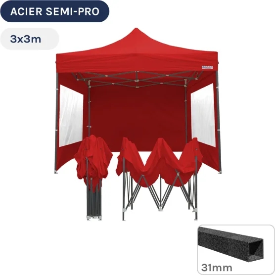 Barnum pliant - Tonnelle Acier Semi Pro 3mx3m ROUGE avec Pack Fenêtres