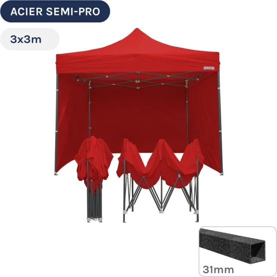 Barnum pliant - Tonnelle Acier Semi Pro 3mx3m ROUGE avec Pack 4 Côtés