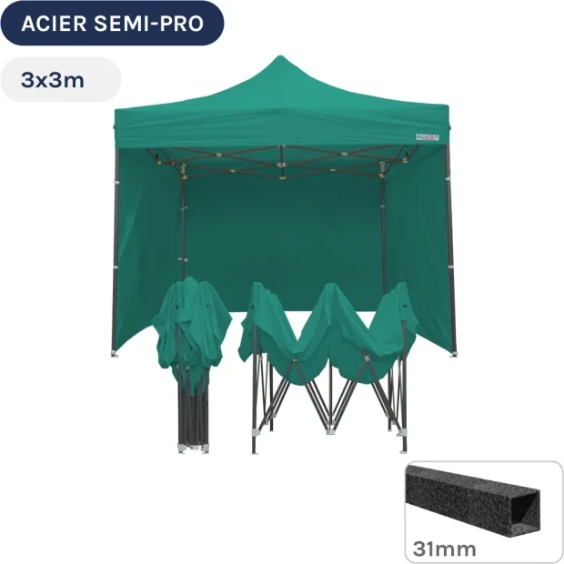 Barnum pliant - Tonnelle Acier Semi Pro 3mx3m VERT EMERAUDE avec Pack 4 Côtés