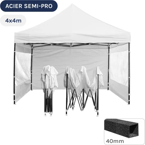 Barnum pliant - Tonnelle Acier Semi Pro 4mx4m BLANC avec Pack Fenêtres