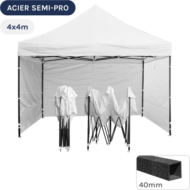 Barnum pliant - Tonnelle Acier Semi Pro 4mx4m BLANC avec Pack Murs