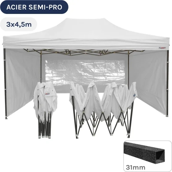 Barnum pliant - Tonnelle Acier Semi Pro 3mx4,5m BLANC avec Pack Fenêtres