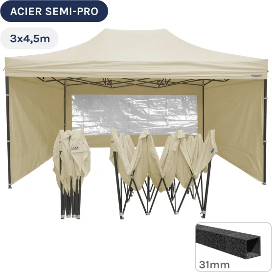 Barnum pliant - Tonnelle Acier Semi Pro 3mx4,5m BEIGE avec Pack Fenêtres