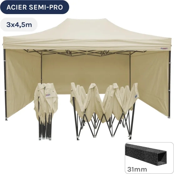 Barnum pliant - Tonnelle Acier Semi Pro 3mx4,5m BEIGE avec Pack 4 Côtés