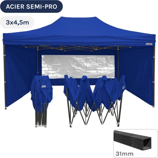 Barnum pliant - Tonnelle Acier Semi Pro 3mx4,5m BLEU avec Pack Fenêtres