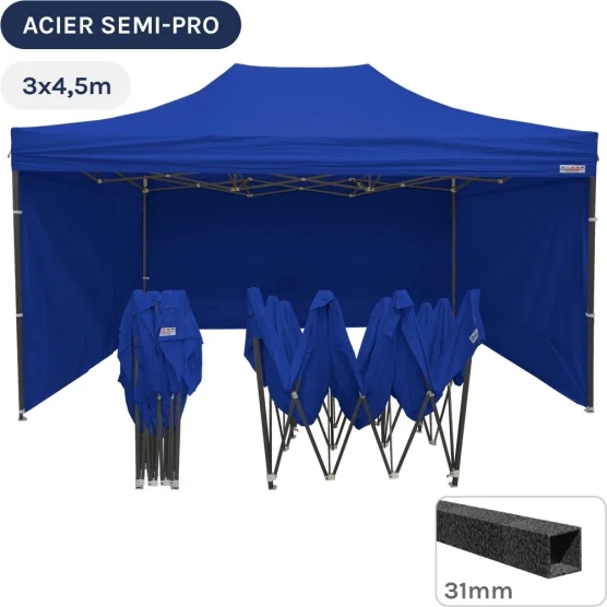 Barnum pliant - Tonnelle Acier Semi Pro 3mx4,5m BLEU avec Pack 4 Côtés