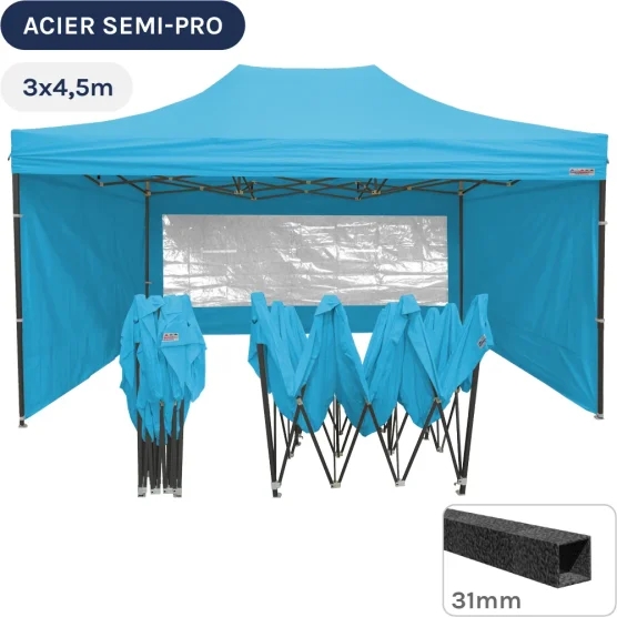 Barnum pliant - Tonnelle Acier Semi Pro 3mx4,5m BLEU AZUR avec Pack Fenêtres