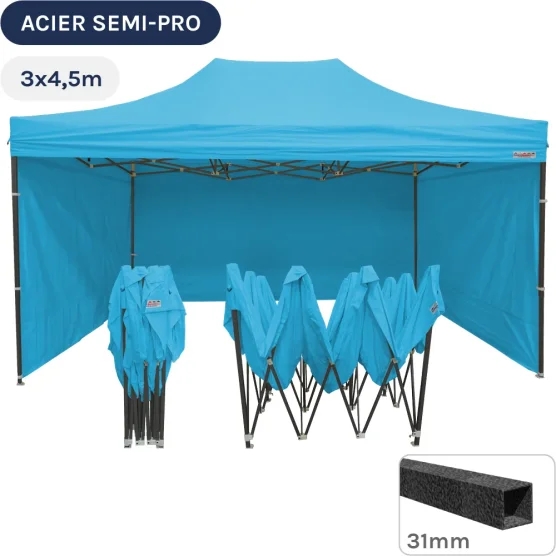 Barnum pliant - Tonnelle Acier Semi Pro 3mx4,5m BLEU AZUR avec Pack 4 Côtés