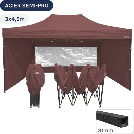 Barnum pliant - Tonnelle Acier Semi Pro 3mx4,5m BRUN CACAO avec Pack Fenêtres