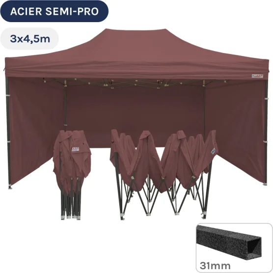 Barnum pliant - Tonnelle Acier Semi Pro 3mx4,5m BRUN CACAO avec Pack 4 Côtés