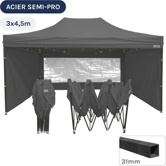 Barnum pliant - Tonnelle Acier Semi Pro 3mx4,5m GRIS avec Pack Fenêtres