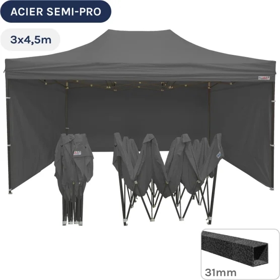 Barnum pliant - Tonnelle Acier Semi Pro 3mx4,5m GRIS + Pack 4 Côtés