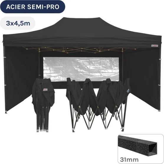 Barnum pliant - Tonnelle Acier Semi Pro 3mx4,5m NOIR avec Pack Fenêtres