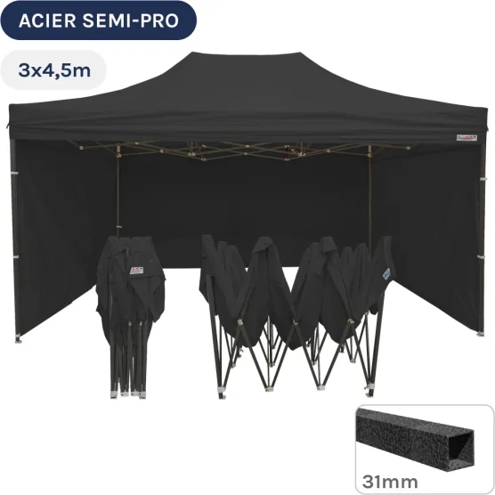 Barnum pliant - Tonnelle Acier Semi Pro 3mx4,5m NOIR avec Pack 4 Côtés