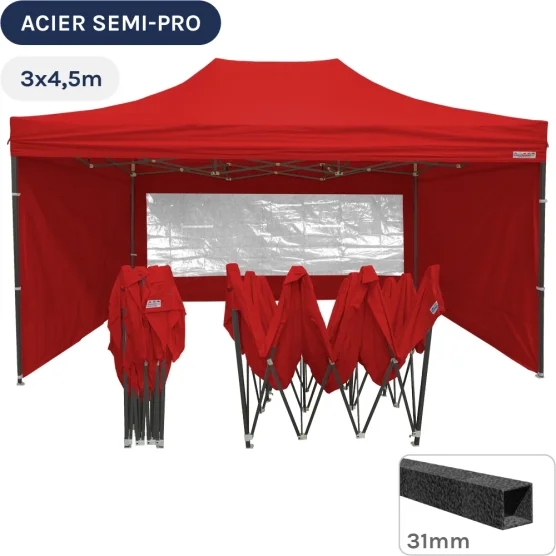 Barnum pliant - Tonnelle Acier Semi Pro 3mx4,5m ROUGE avec Pack Fenêtres