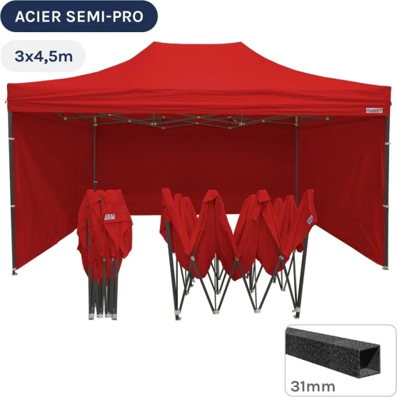 Barnum pliant - Tonnelle Acier Semi Pro 3mx4,5m ROUGE avec Pack 4 Côtés