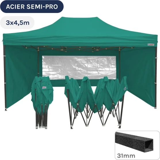 Barnum pliant - Tonnelle Acier Semi Pro 3mx4,5m VERT EMERAUDE avec Pack Fenêtres