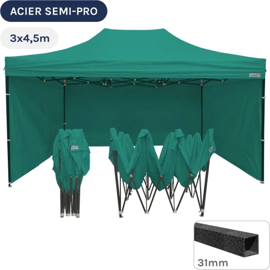 Barnum pliant - Tonnelle Acier Semi Pro 3mx4,5m VERT EMERAUDE avec Pack 4 Côtés