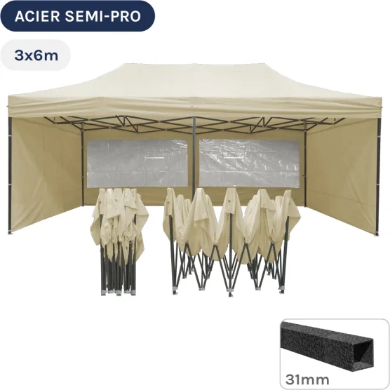 Barnum pliant - Tonnelle Acier Semi Pro 3mx6m BEIGE avec Pack Fenêtres