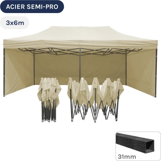 Barnum pliant - Tonnelle Acier Semi Pro 3mx6m BEIGE avec Pack 4 Côtés