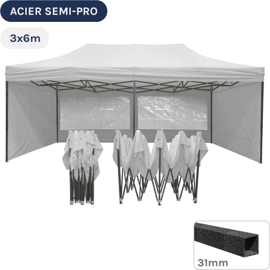 Barnum pliant - Tonnelle Acier Semi Pro 3mx6m BLANC avec Pack Fenêtres