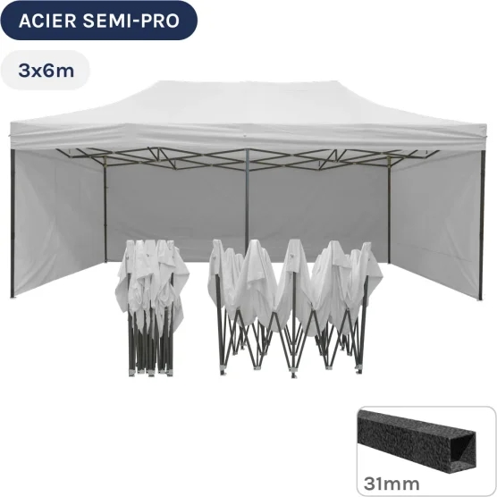 Barnum pliant - Tonnelle Acier Semi Pro 3mx6m BLANC avec Pack 4 Côtés