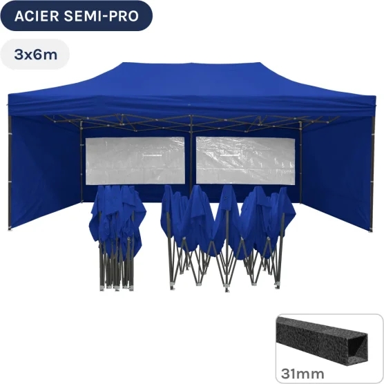 Barnum pliant - Tonnelle Acier Semi Pro 3mx6m BLEU avec Pack Fenêtres