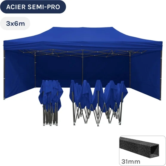 Barnum pliant - Tonnelle Acier Semi Pro 3mx6m BLEU avec Pack 4 Côtés