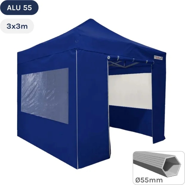 Tente pliante Alu 55 3mx3m BLEU + Toit 320gr/m² et Fenêtres 300gr/m²