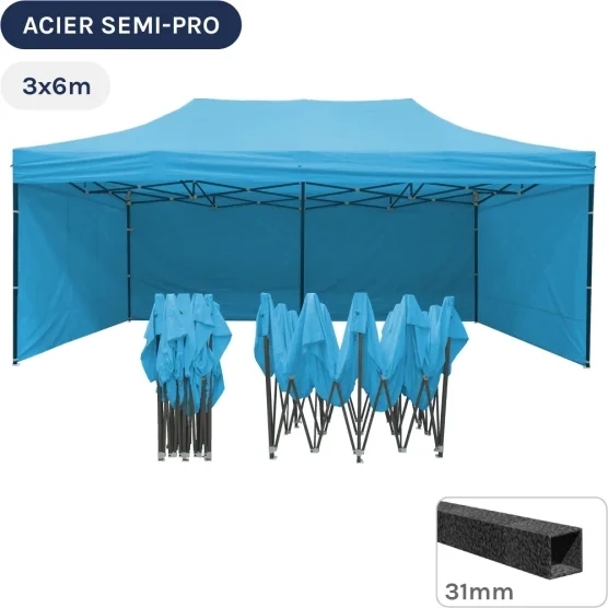 Barnum pliant - Tonnelle Acier Semi Pro 3mx6m BLEU AZUR avec Pack 4 Côtés